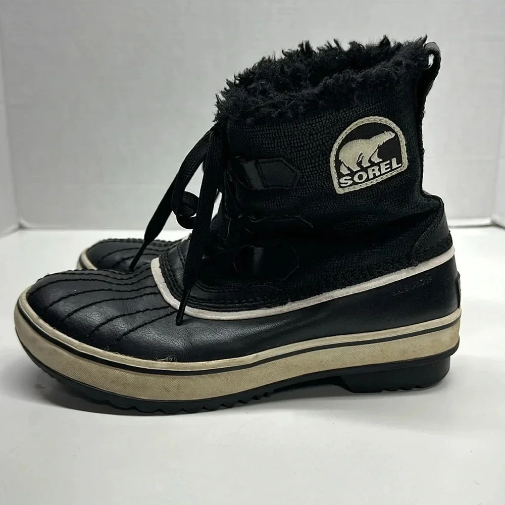 Sorel Tivoli Boots Snow Winter Leather Faux Fur Waterproof Black Womens Size 6